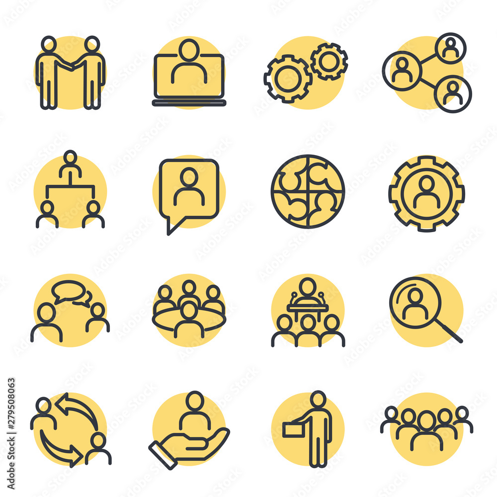 Poster Icons Set of Team Work Related Vector Simple Line. Management line icons. Set of Business audit, Startup strategy and Employees linear icons. Business strategy, Startup and Teamwork symbols.