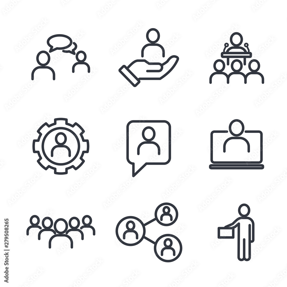Aufkleber Icons Set of Team Work Related Vector Simple Line. Management line icons. Set of Business audit, Startup strategy and Employees linear icons. Business strategy, Startup and Teamwork symbols.