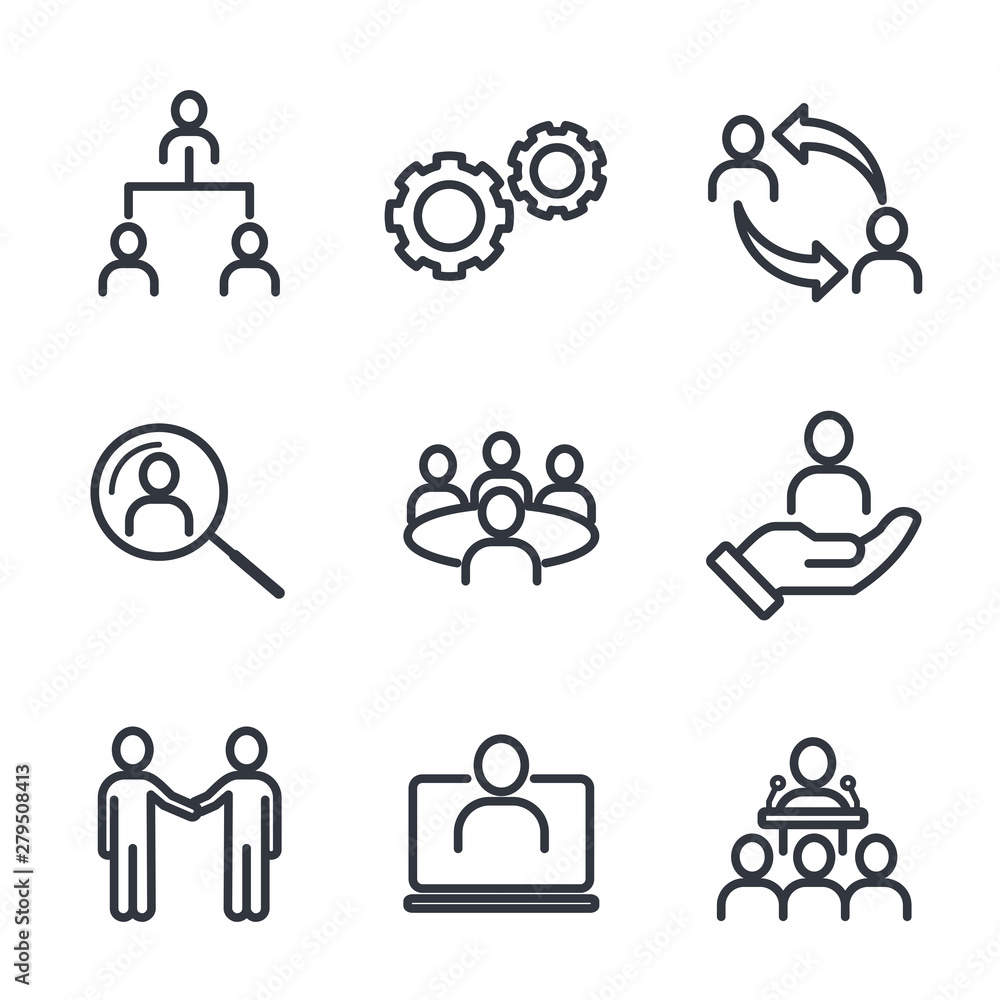 Poster icons set of team work related vector simple line. management line icons. set of business audit, sta