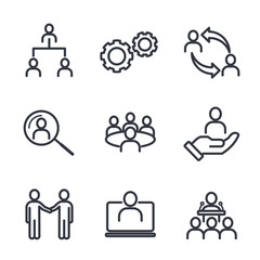 Icons Set of Team Work Related Vector Simple Line. Management line icons. Set of Business audit, Startup strategy and Employees linear icons. Business strategy, Startup and Teamwork symbols.