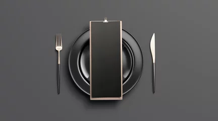 Fotobehang Blank black cafe menu mockup on plate with cutlery, isolated, 3d rendering. Empty tableware with checklist mock up, top view. Clear booklet on wooden holder for breakfast or lunch template. © Alexandr Bognat