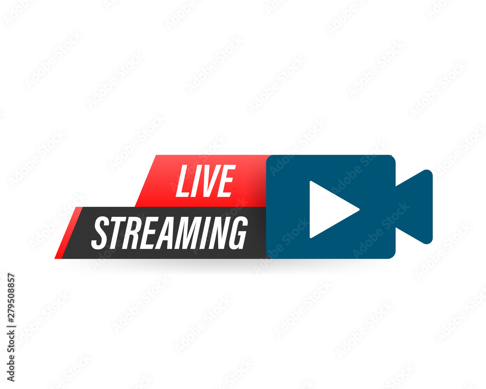 Poster live streaming logo - red vector design element with play button for news and tv or online broadcast