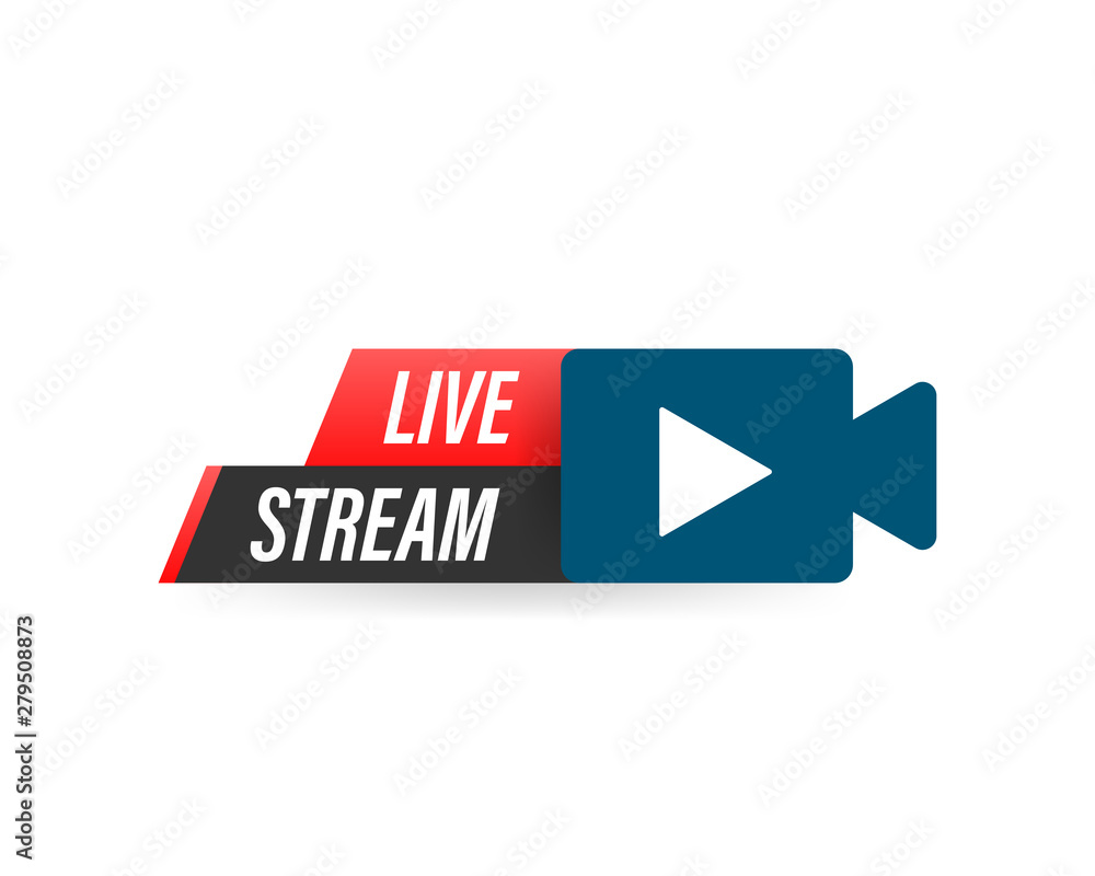 Poster live streaming logo - red vector design element with play button for news and tv or online broadcast