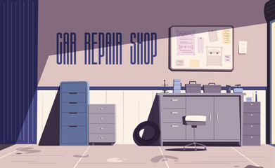 Car repair shop. Cartoon vector illustration. Garage indoor.