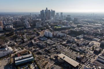 Fototapeta premium Smoggy afternoon aerial of buildings and streets north of downtown Los Angeles, California. 