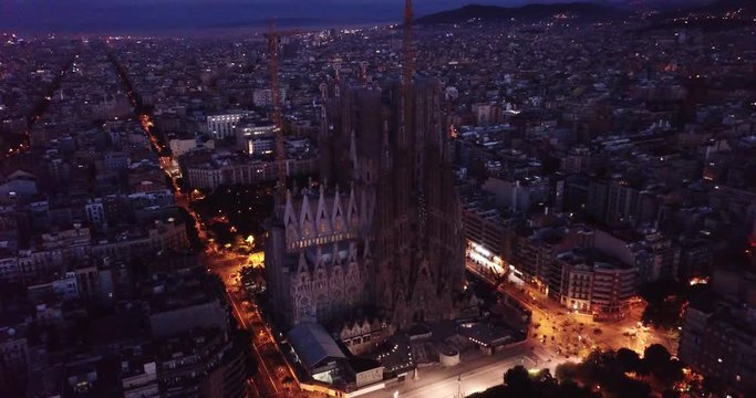 Barcelona, Spain - June 12, 2019: Temple Sagrada Familia at night from a drone. Barcelona