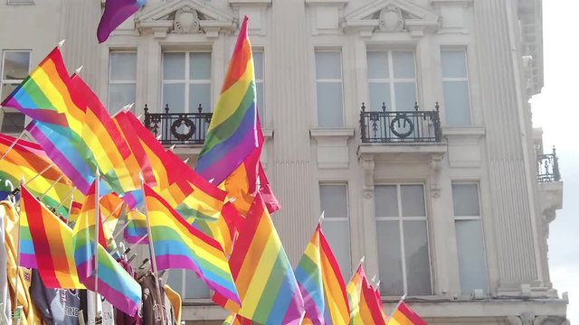 A LGBT gay pride rainbow flag being waved at a pride march celebration event