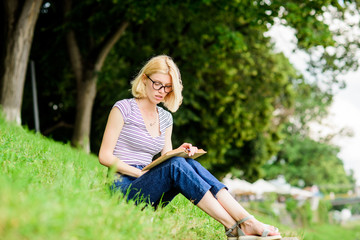 reading is my hobby. Summer study. woman in park reading book. inspired by novel author. interesting story. Relax and get new information. student girl with book. Schoolgirl having literature lesson