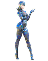 Cyborg Woman futuristic metallic neon suit.