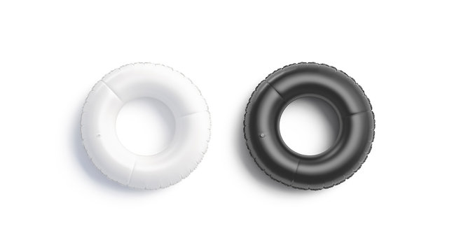 Blank black and white swim ring mockup set, top view, 3d rendering. Empty rubber donut mock up, isolated. Clear lifebuoy for pool or sea template.