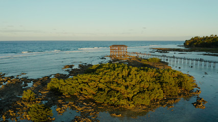 Aerial view of wooden walkway for surfers to cross the reef of siargao island to cloud 9 surfspot. Summer and travel vacation concept