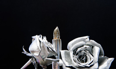 glamour life. silver rose flower. grunge beauty fashion. Isolated on black. metallized antique decor. Makeup art. vintage & retro design. wealth and richness. Glamour metallic lipstick