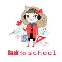 Vector illustration with cheerful girl going to school