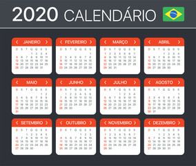 2020 Calendar - vector template illustration - Brazilian version