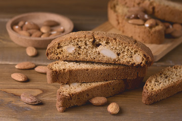 Cantuccini or Biscotti With Almond Rustic Wooden Background Italian Cookies Horizontal