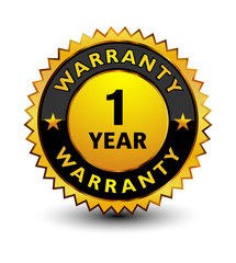 Naklejka premium Powerful golden 1 year warranty badge, stamp, seal, sign, label isolated on white background on top.