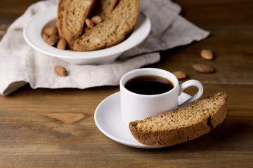 Cup of Black Coffee Espresso with Cantuccini Biscotti Rustic Wooden Background Italian Cookies
