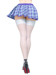 Long slender sexy legs woman short skirt cage stockings.