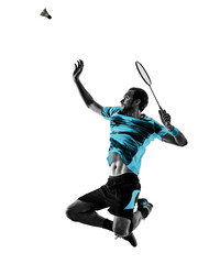 Fototapeta na wymiar one caucasian Badminton player man in studio shadow silhouette isolated on white background