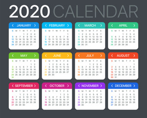 2020 Calendar - vector template graphic illustration - Sunday to Monday