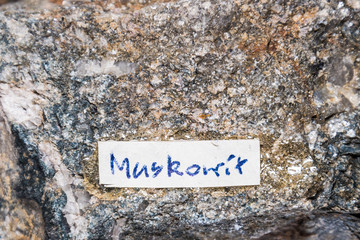 A Muskovit gemstone sparkling because of high content of metal elements label