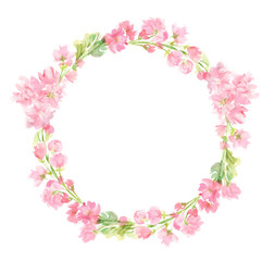 Fototapeta na wymiar Pink abstract floral watercolor whole round wreath with pastel color flowers and leaves hand painted in circle arrangement for greeting wedding card logo design isolated on white 