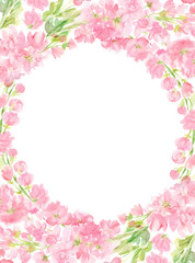 Fototapeta na wymiar Pink abstract floral watercolor round vertical frame wreath arrangement pastel color flowers and leaves hand painted background in circle for text greeting wedding card logo design isolated on white 