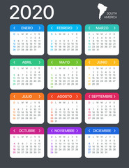 2020 Calendar - vector illustration - Spanish South Latin American Version