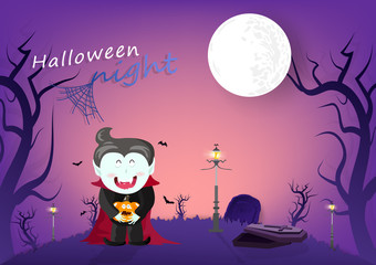 Halloween night, vampire and bats in graveyard dark forest, cartoon characters, invitation poster card background vector illustration