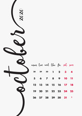 2020 Calendar Design. Month October. 2020 Calendar Artwork. Design Template Set 12 pages.