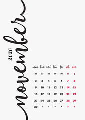 November 2020 Calendar. Desk Paper Calendar 2020 Design Concept. Vector Set 12 Months and Cover Page. Corporate Calendar Design Template A5.