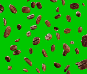 Black fried coffee beans falling down, green screen, 3d rendering