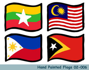 手描きの旗アイコン,ミャンマーの国旗,マレーシアの国旗,フィリピンの国旗,東ティモールの国旗 Flag of the Myanmar, Malaysia, Philippines, East Timor, hand drawn isolated vector icon.