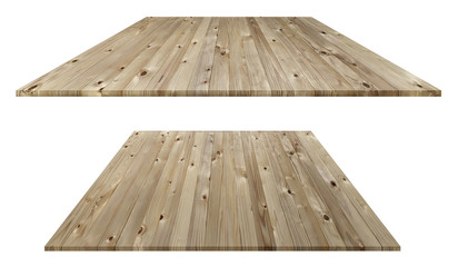 Brown old plank wooden board as a shelf or plate with clipping path on isolated white background. Beautiful texture and pattern of table’s panels build from reused pine woods pallet.
