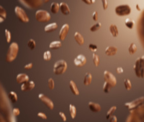 Black fried coffee beans falling down, 3d rendering