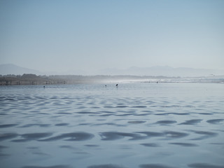 Hazy view along New Brighton beach with gulls and people walking in the distance