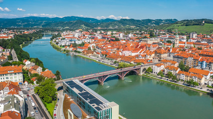 Aerial view of Maribor and Drava river
