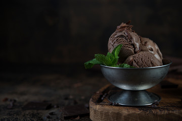 Chocolate cream ice cream in a cream bowl
