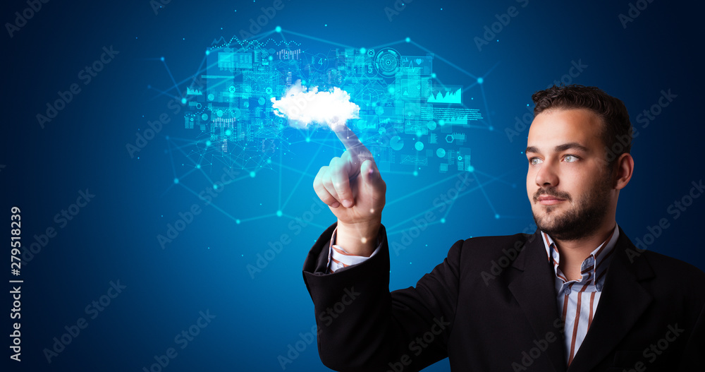 Poster Man touching hologram projection displaying information from cloud based system