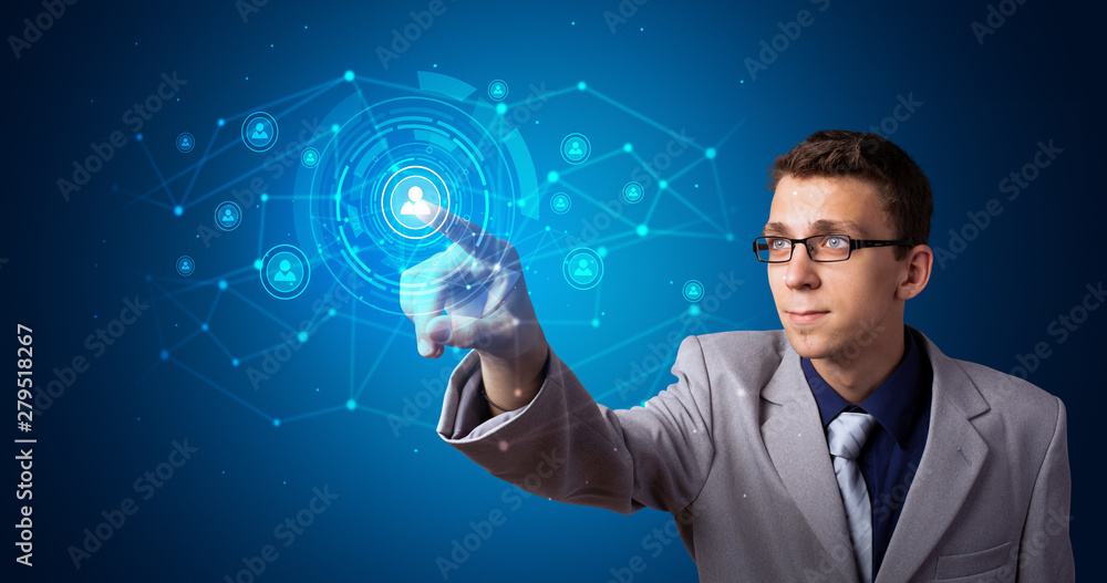 Poster Man touching hologram screen displaying keys and locks