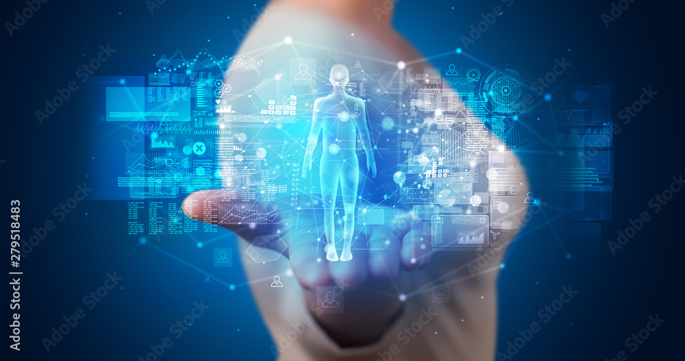 Poster young person holding hologram projection displaying health related graphs and symbols