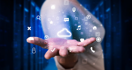 Person holding hologram screen displaying information from cloud technology
