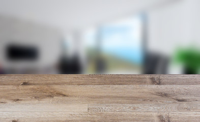 Empty interior with large window. Retro light bulb. The floor is of brown parquet.  3D rendering. wooden table. blurred background