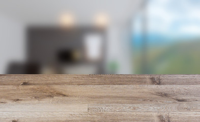 Empty interior with large window. Retro light bulb. The floor is of brown parquet.  3D rendering. wooden table. blurred background