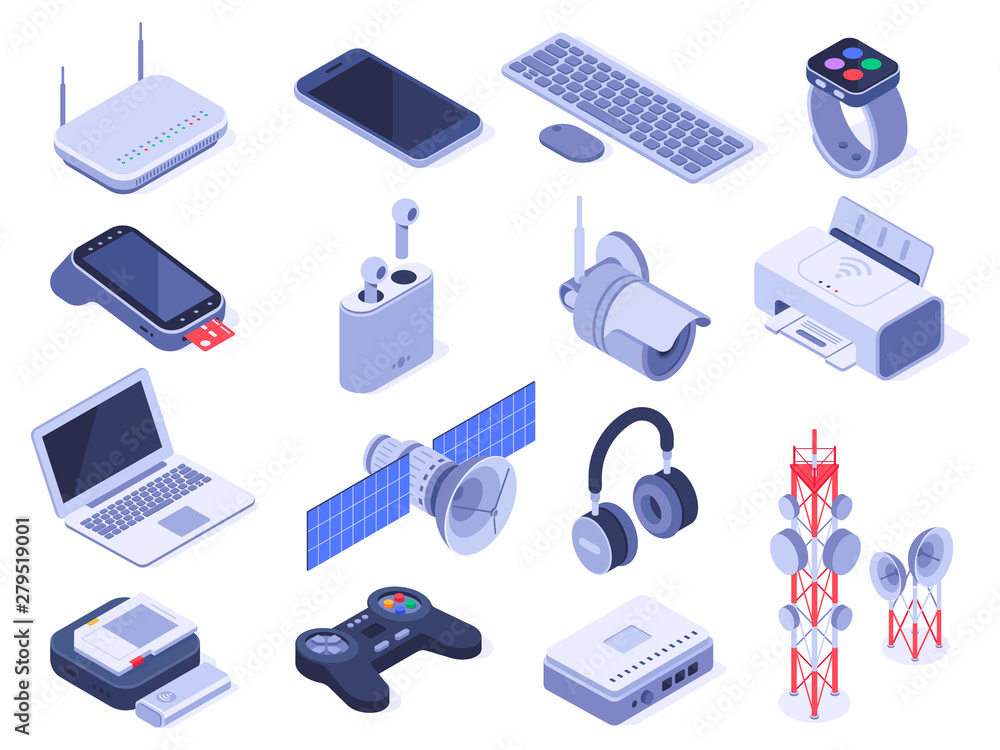Poster isometric wireless devices. computer connect gadgets, wireless connection remote controller and rout