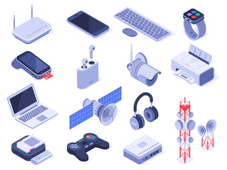 Isometric wireless devices. Computer connect gadgets, wireless connection remote controller and router device 3d vector set - obrazy, fototapety, plakaty