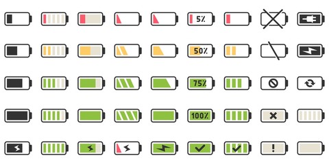 Battery charge icons. Powered indicator, charging empty batteries and low battery power icon vector illustration set