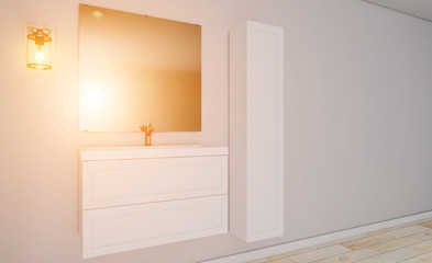 bathroom in a minimalist style. room in gray tones. foggy mirror. 3D rendering. Sunset.