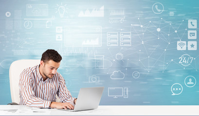 Business person at front desk with workflow concept