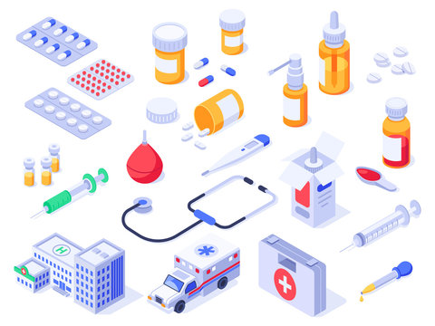 Isometric first aid kit. Health care medical pills, pharmacy medicines and drug bottles. Hospital ambulance 3d isolated vector set